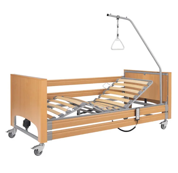 Adjustable electric hospital bed with wooden side rails